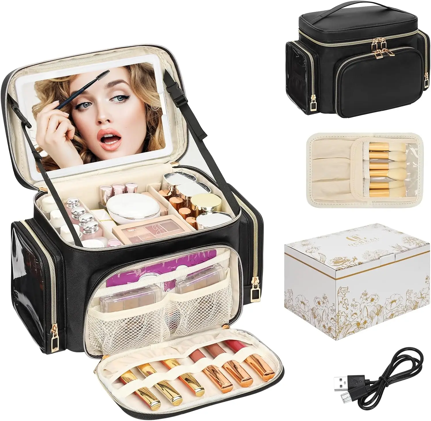 

Large LED Mirror Makeup Bag with Brush Compartment, Side Pockets, and 3 Color Lights for Women Travel