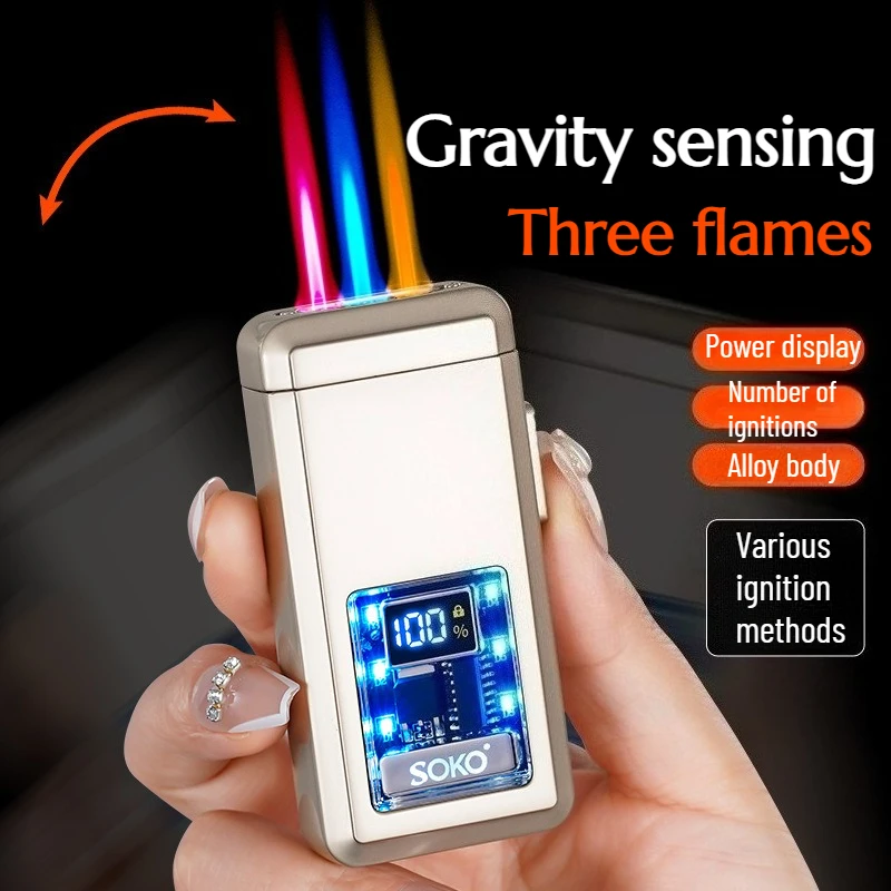 Three Colors Flame Voice-activated Lighter Power /Ignition Count Display Type-C Charging LED Dazzling Lights Visible Gas Window