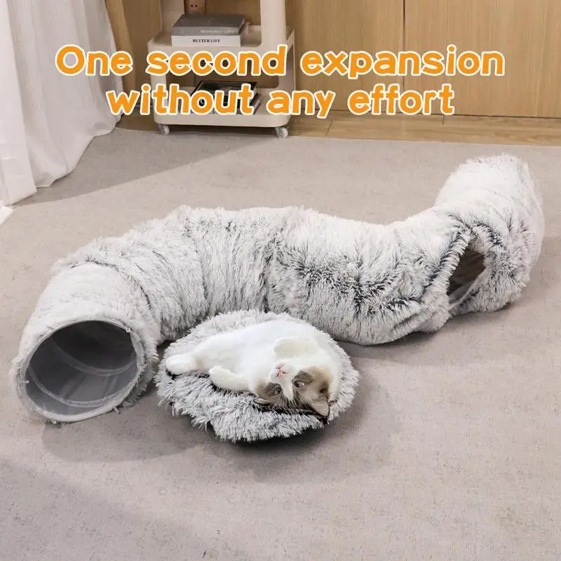 Plush Cat Bed With Tunnel Home Multifunctional Cat Toys Fluffy Donut Foldable Cat Passage Warm Cat Nest Universal Pet Supplies