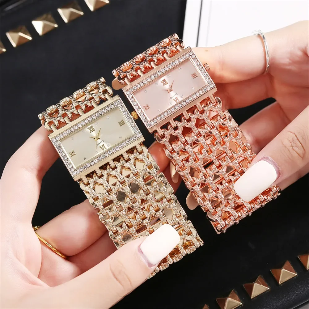 Luxury Ladies Simple Diamond Set Square Bracelet Quartz Watches Fashion Gold Stainless Steel Skeleton Women Clock Dress Watch