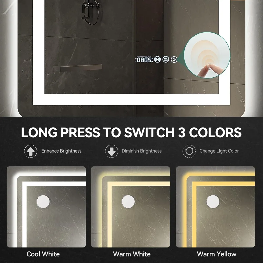 LED Bathroom Mirror with Motion Sensor, Anti-Fog, Dimmable Lights, and Magnifying Glass for Modern Vanity