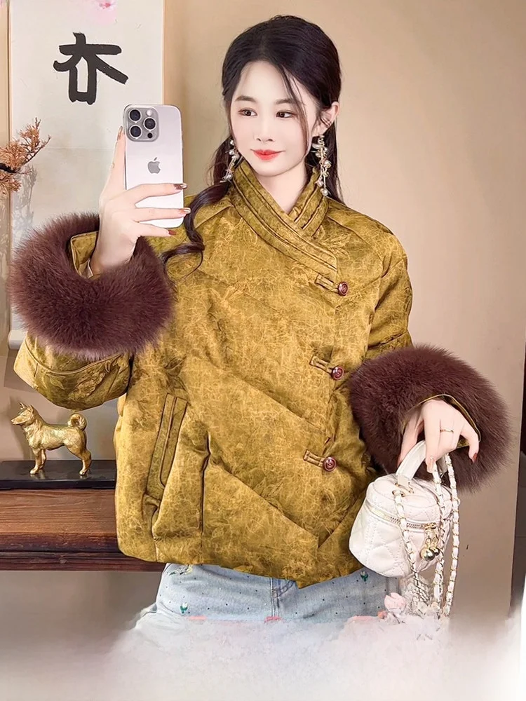 

New Chinese Sle Women's down Jaet Fur Collar Goose down Warmth Long Sve Coat Straight Cut Environmental Friendly