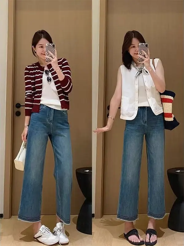 

Джинсы женские с высокой талией, свободные, широкие штанины, повседневные, прямого кроя, с рваным низом, джинсовые брюки, весна-осень, большие размеры, корректирующие фигуру, скрывающие бедра