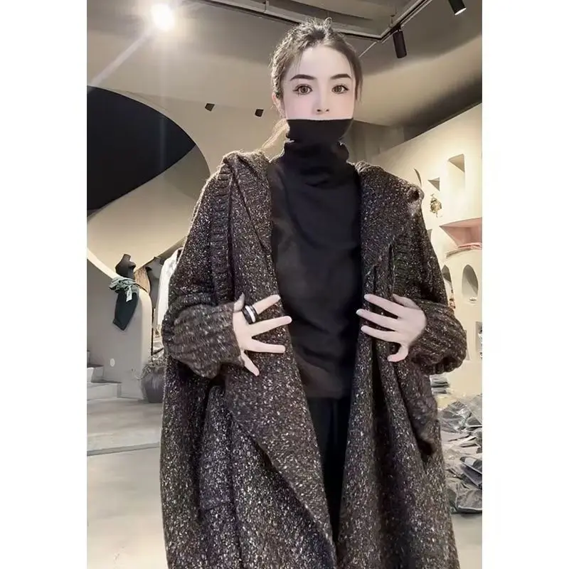 2024 New European Station Autumn and Winter Korean Version Versatile Loose Mid-Length Knitted Sweater Coat Stylish Hooded