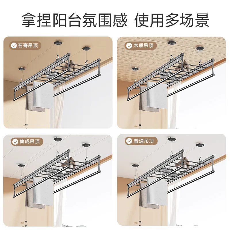 Lifting drying rack balcony household hand crank indoor manual hanger automatic double rod top installation