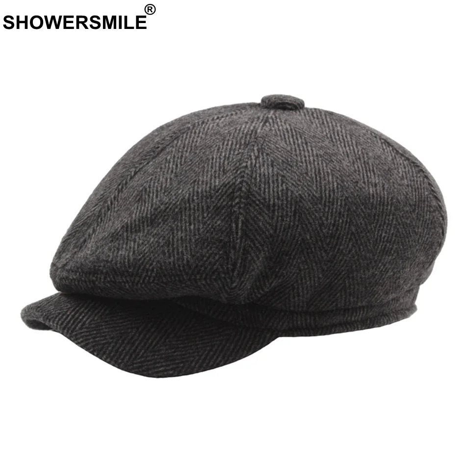 

SHOWERSMILE Octagonal Cap Beret Men Herringbone Flat Cap Hats Men Striped Grey Eight Piece Male Vintage Autumn Painter Cap