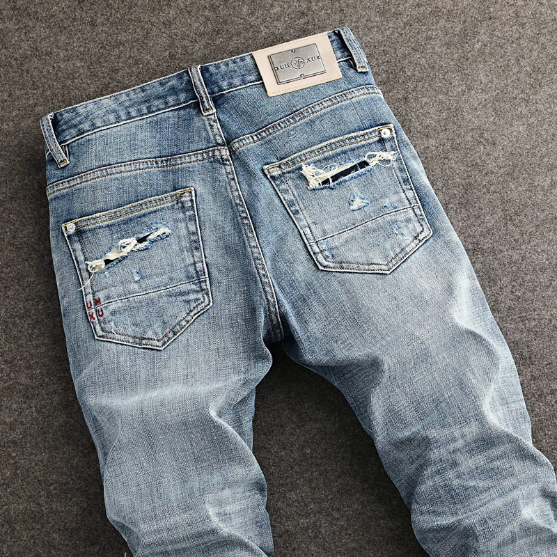 Street Designer Fashion Men Jeans High Quality Retro Blue Stretch Slim Fit Hole Patched Ripped Jeans Men Y2K Vintage Denim Pants