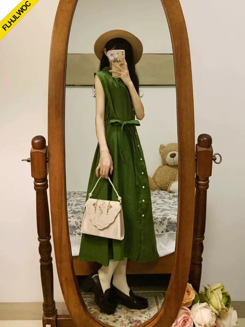 Sleeveless Shirt Dresses New Women Lace-Up Cute Sweet Girls Retro Vintage Solid Green Single-Breasted Button Long Maxi Dress