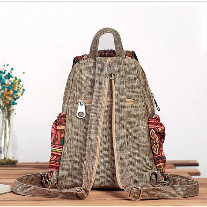 Johnature Hand Woven Retro Women Backpack 2024 New Versatile Summer Lightweight Canvas Bag Multifunctional Leisure Travel Bags