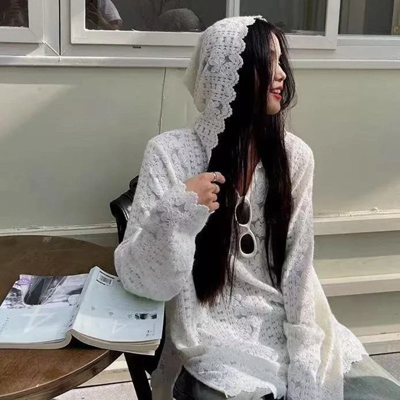 Y2K Lace Hooded Shirts Women Streetwear Sexy Hollow Out White Blouses Korean Aesthetic Sheer Long Sleeve Sun Protection Tops New