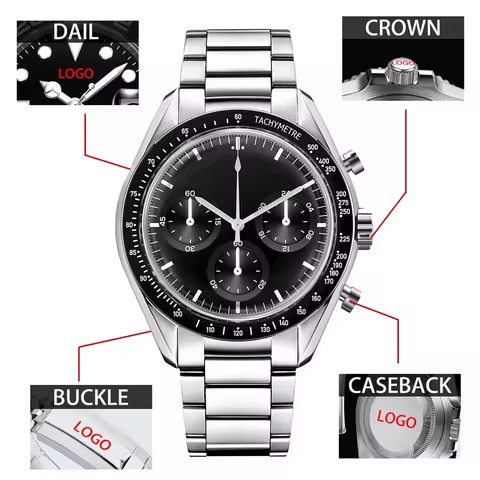 Custom Logo Diy Glow Watchs 40mm Vk63 Quartz Movement Watch Man Waterproof Mens Quality Luxury Mineral Glass Time Running Second