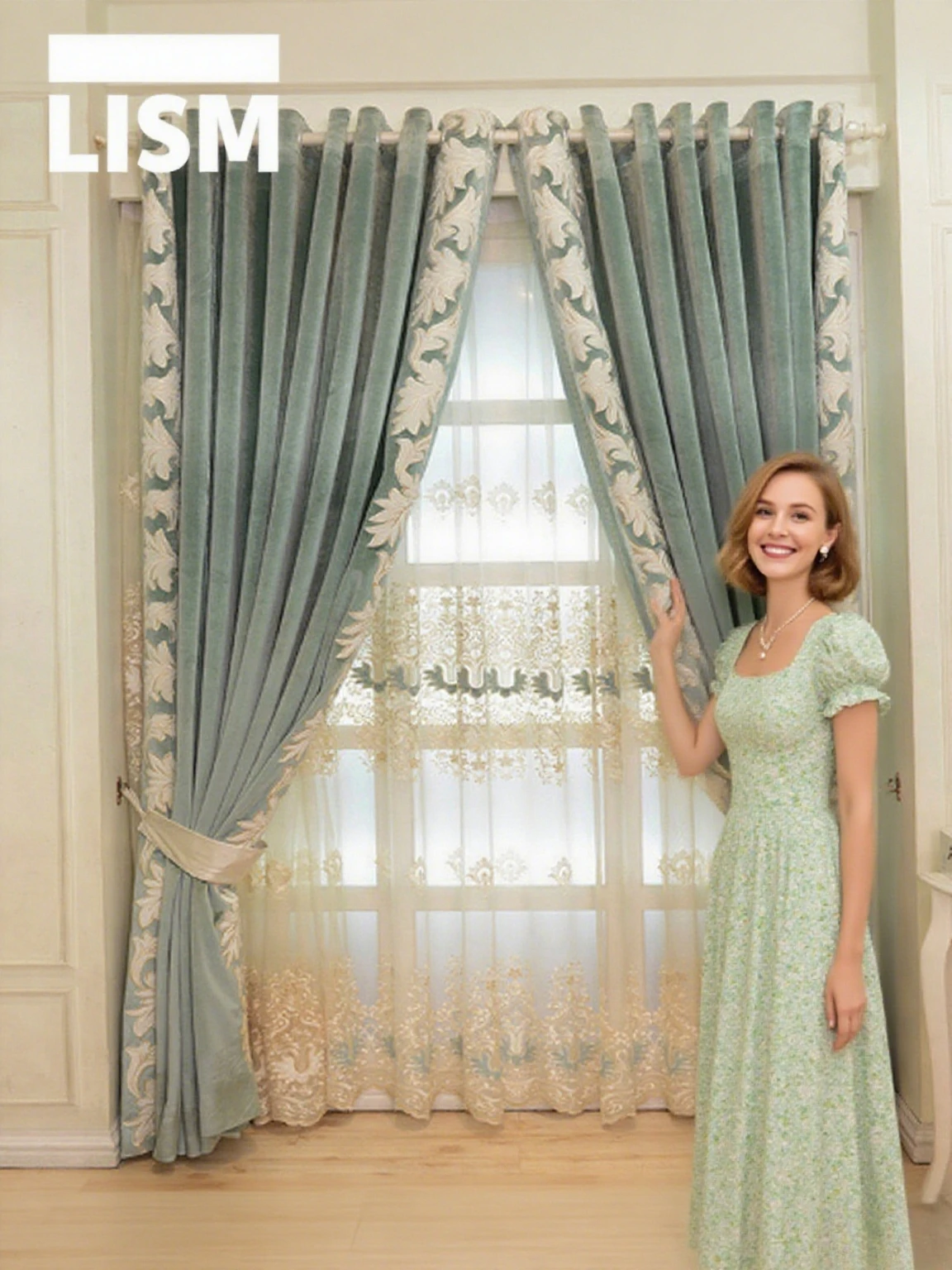 

New Sky Blue Velvet Embroidery Splice Curtains for Living Room Bedroom Villa High Customized Finished High Window Screen