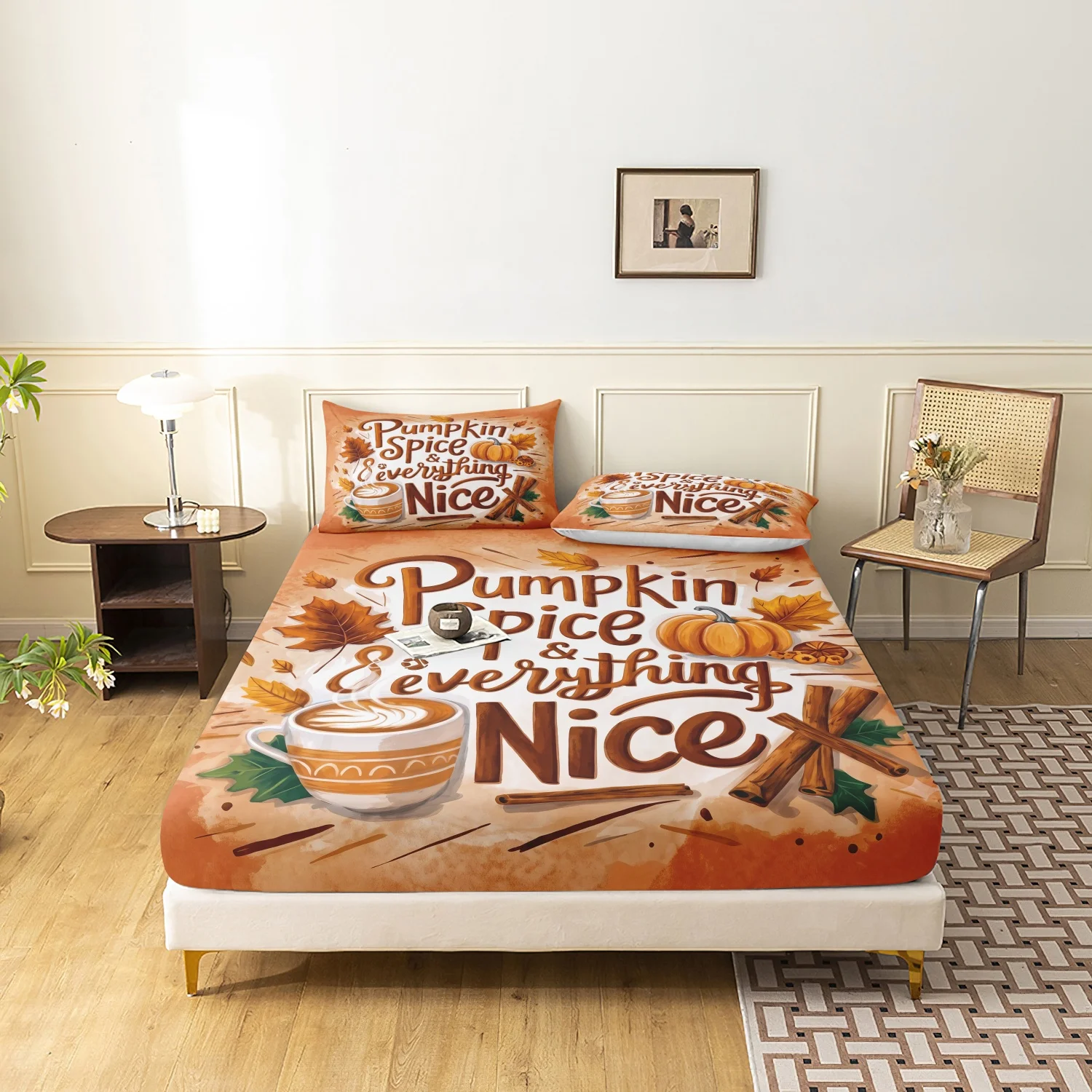  3Pcs Pumpkin Spice Latte Print Fitted Sheet Set, Orange Maple Leaf Cinnamon Pumpkin Printed Bedding, Multiple Sizes Available