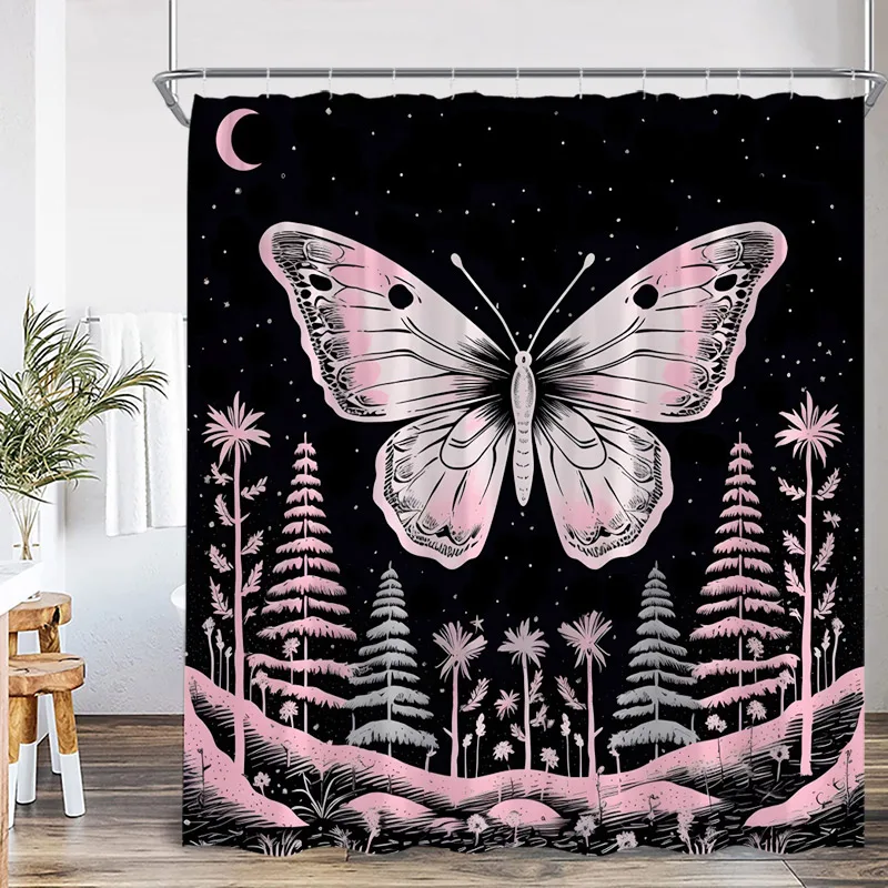 

Pink Butterfly Shower Curtains Forest Pine Black Starry Sky Modern Polyester Fabric Home Bathroom Curtain Decorative With Hooks