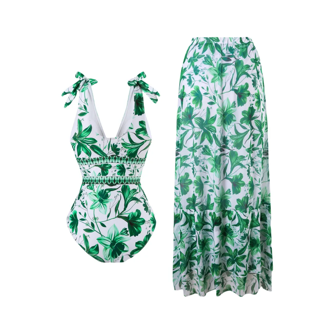 Summer Bohemian Style One Piece Swimsuit with Irregular Shoulder Straps Floral Print Beach Vacation Dress for Women