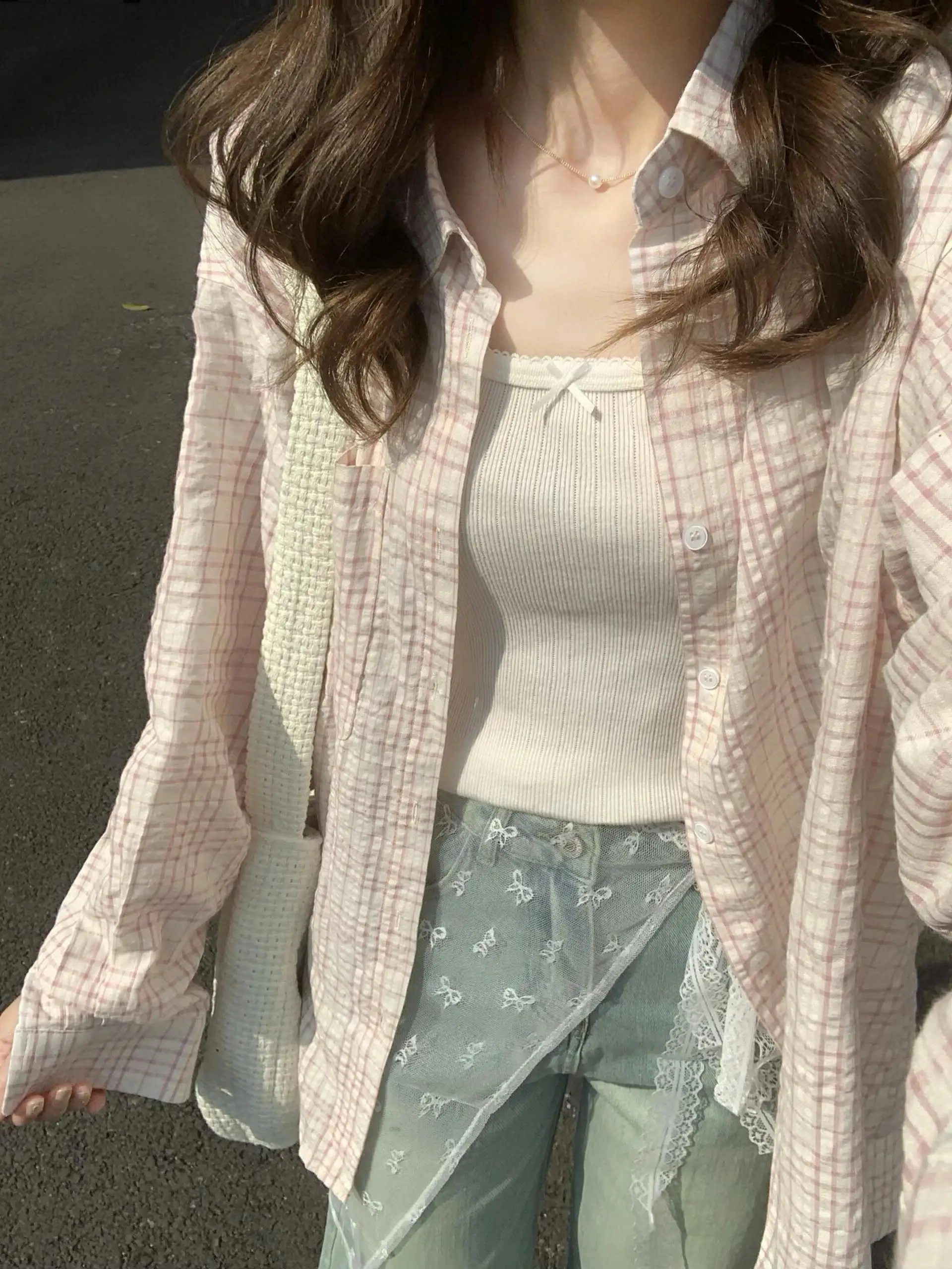 Pink Dopaamine Plaid Shirt Women's Summer Thin Design Loose Sun Protection Long Sleeve Shirt Coat Lightweight Polyester Cotto...