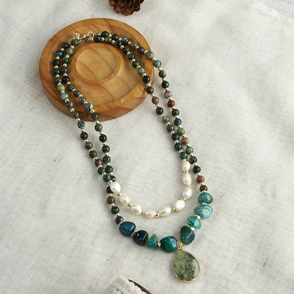 Bohemian women jewelry 2 layer 6mm tiger eye stone Indian agate natural stone freshwater pearls stone drop pendant necklace