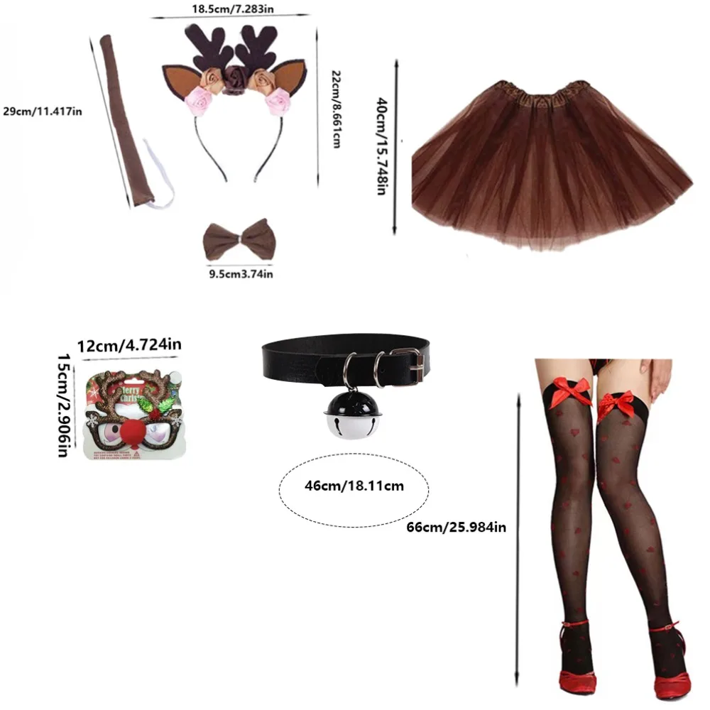 PESENAR Halloween Deer Cosplay Reindeer Costume Deer Antlers Headband Tail Nose Tutu Skirt Socks for Cosplay Party