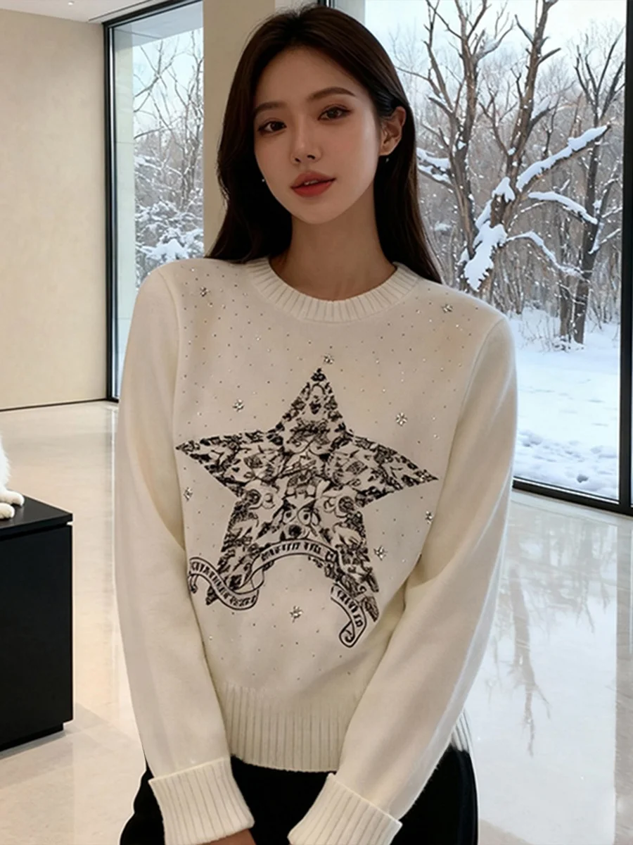 

Круглый вязаный свитер Ele с вышивкой Ne, женский свободный длинный свек, удобный крой, модный, осенне-зимний, новое поступление