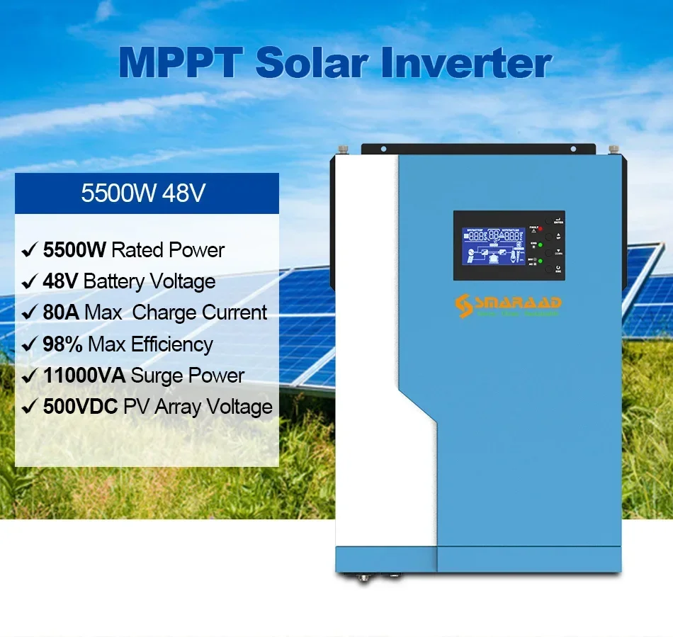 5500W Off Grid Hybrid Solar Inverter PV Input 48VDC Grid 230VAC 100A MPPT Charger Controller Work Without battery