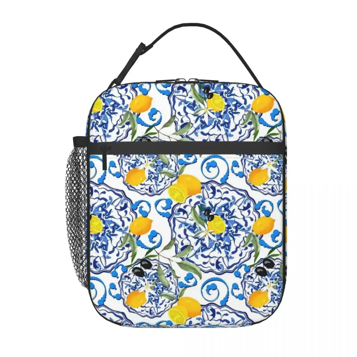 

Lunch Bag Retro Blue Flower Portable Lunch Box For Children Lemon Fruit Outdoor Picnic Cooler Bag Vintage Oxford Tote Handbags