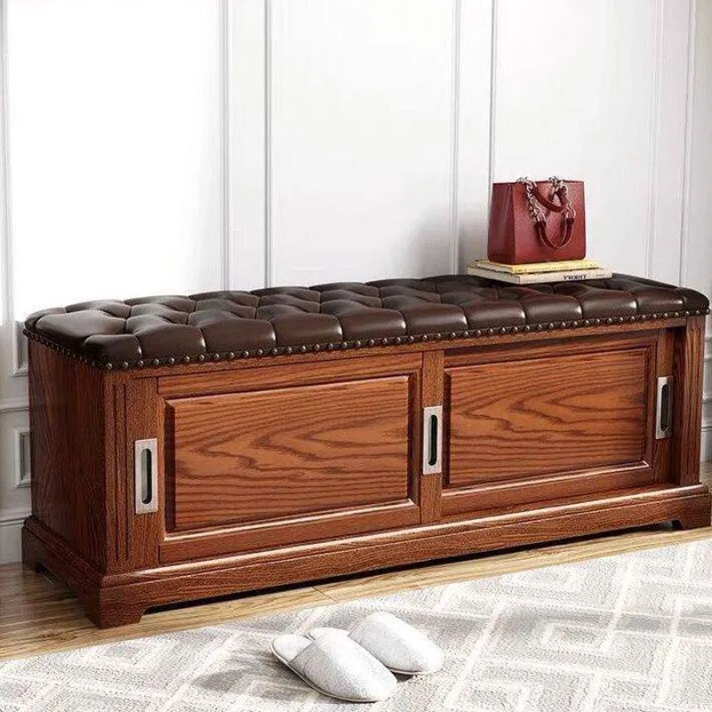 All solid wood leather cowhide modern simple door change shoe stool shoe cabinet seated shoe cabinet home door