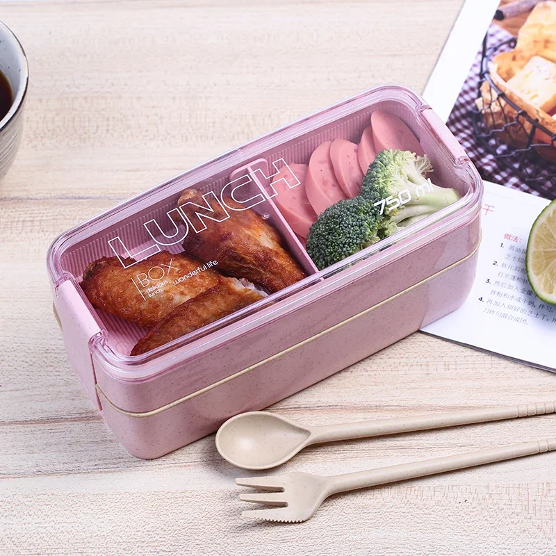 750ml Healthy Material 2 Layer Lunch Box Wheat Straw Bento Boxes Microwave Dinnerware Food Storage Container Lunchbox