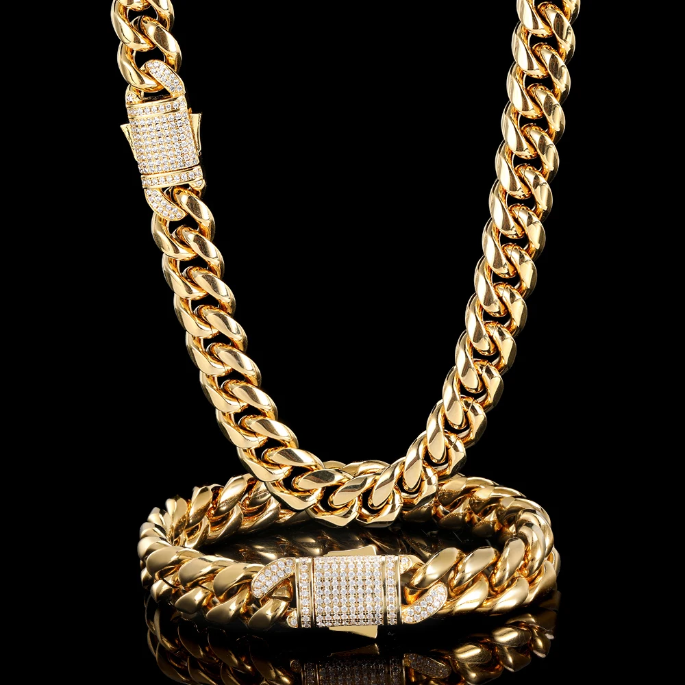 Pozłacany męski ciężki łańcuszek z kubańskim ogniwem Miami z diamentowym zapięciem Lab Hip Hop Gruby naszyjnik 10 mm / 12 mm ze stali nierdzewnej
