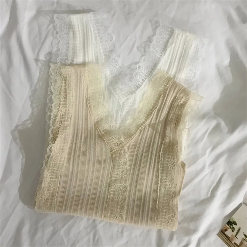 Chalecos de encaje que combinan con todo para mujer, camisetas sin mangas con cuello en V, trajes de tirantes para chica, Tops ajustados con fondo WZ1735