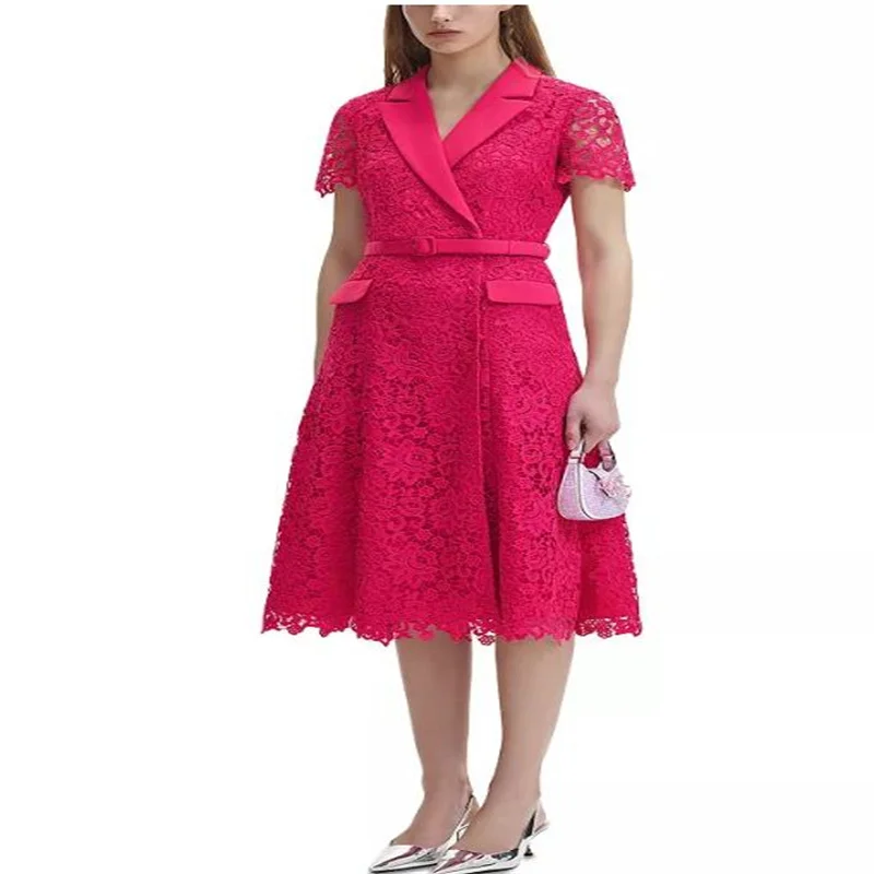 

MULONG Red Elegant Mother Of The Groom Dresses A Line Short Sleeve V Neck Knee Length Full Lace Evening Gown For Weddings