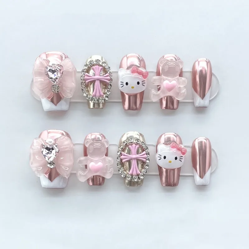 

Hellokittys Маникюр ручной работы девчачье сердце французский трехмерный лук усовершенствованное волшебное зеркало розовый принцесса Стиль Маникюр