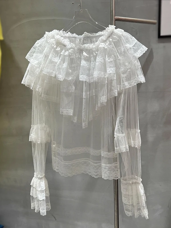 

Korean Style Casual Loose Lace Trim Mesh Bell Sleeve See through Top for Young Women Commute Wear Pure Color Long Sleeve