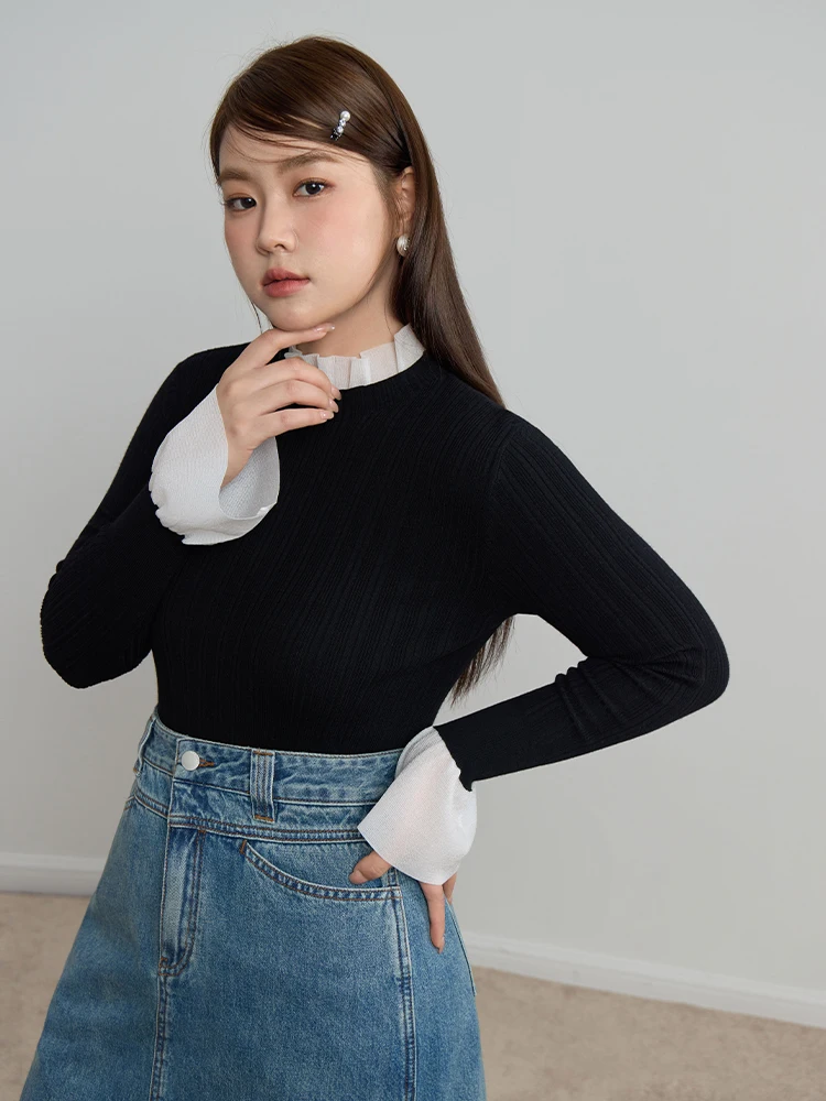 DUSHU Sweet Elegant Sense Ballet Style Knitted Bottoming Shirt for Women 2023 Winter Chic Arrival Fungus Edge Wool Knitted Top