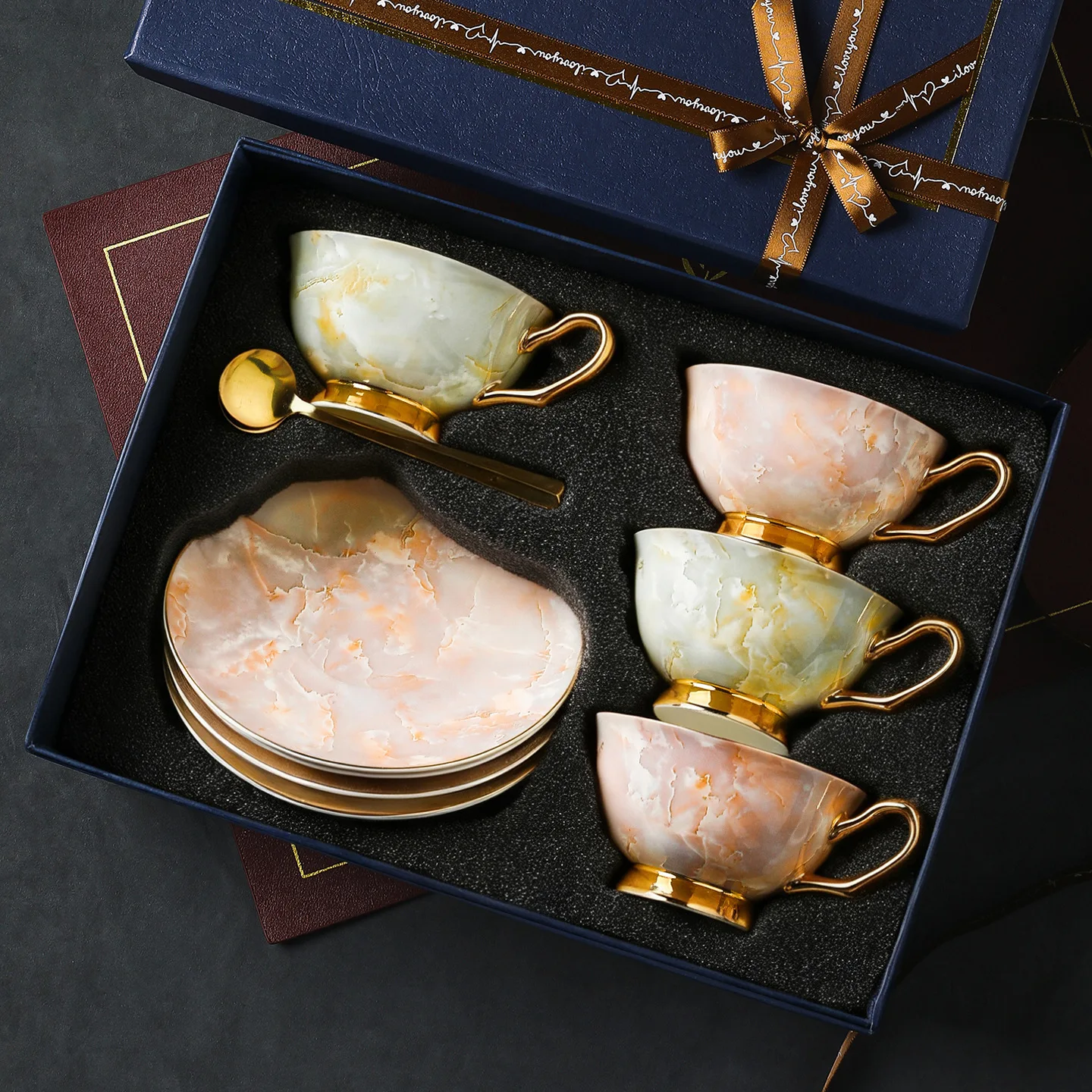 Ceramic retro high-value bone china European coffee cup set afternoon tea set gift box premium tea cup saucer