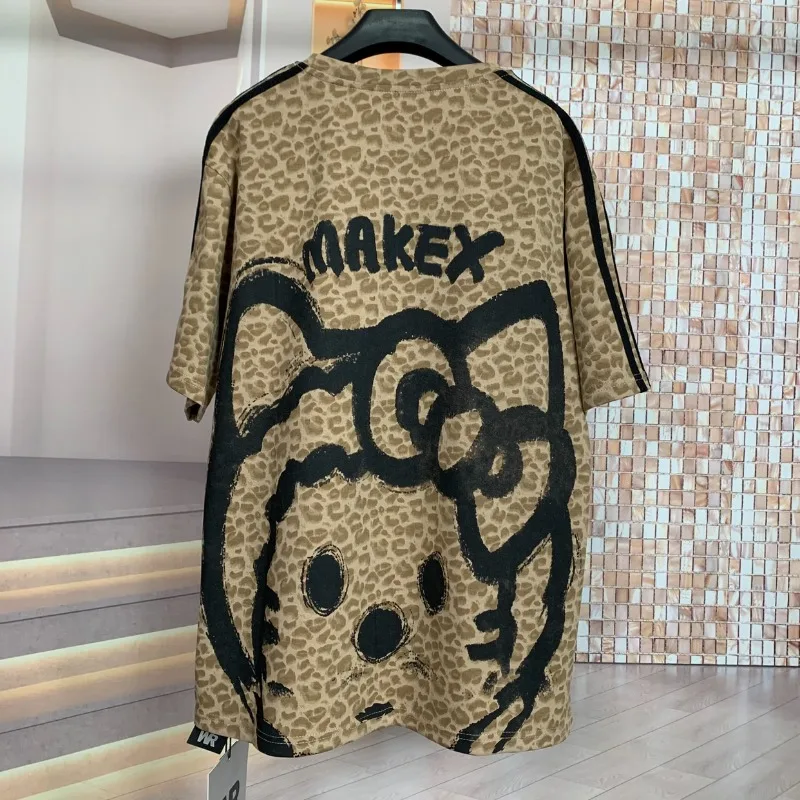 Kaos Trendy Motif Leopard Kartun Industri Berat, Model Longgar, Lengan Pendek, Penampil Awet Muda, Untuk Wanita