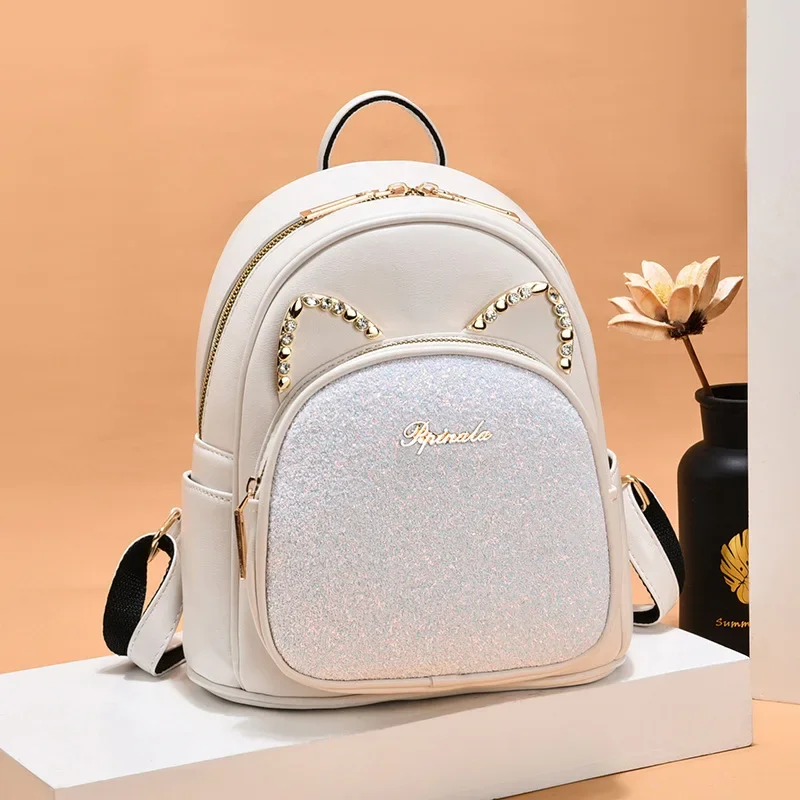 New Sequin Women Backpack 2022 Rhinestone Lovely Cat Women\'s Female Leather Backpack School Bags Korea Dual-use Shoulder Bags