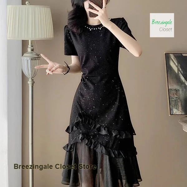 

French style black high-grade luxury dress female summer new fashion design western style Joker casual slim mesh fishtail skirt
