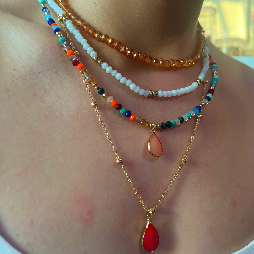 2023 Fashion Multilayer Boho Colorful Bead Chain Necklace For Women Female Crystal Water Drop Metal Letter Pendant Jewelry Gift