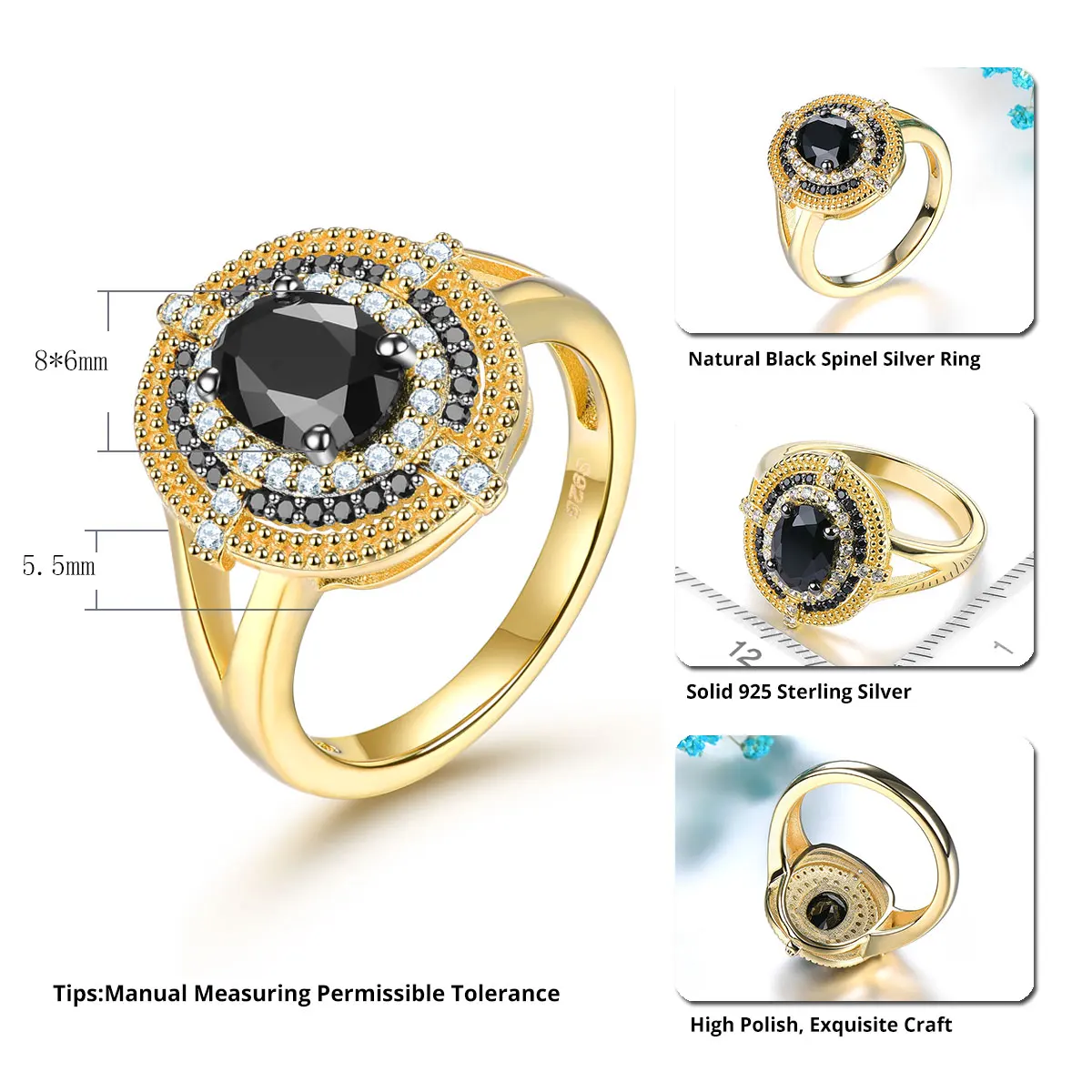 Natural Black Spinel Sterling Silver Rings Yellow Gold Plated 1.6 Carats Genuine Gemstone Women Classic Jewelry Original Design