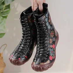 GKTINOO New Vintage Mother Flat Genuine Leather Ankle Boot for Women Cowhide Lace-Up Winter Warm Shoes Woman Platform Snow Boots