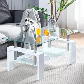 Image Coffee Table, Tea Table Suitable for Waiting Room, Modern Side Coffee Table with Wooden Leg, Glass Tabletop with Lower Shelf, Wh