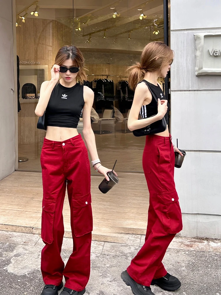 

American High Street Tall Extended Red Workwear Jeans Women Loose Slim Multi Pocket Floor-Length Wide Leg Pants