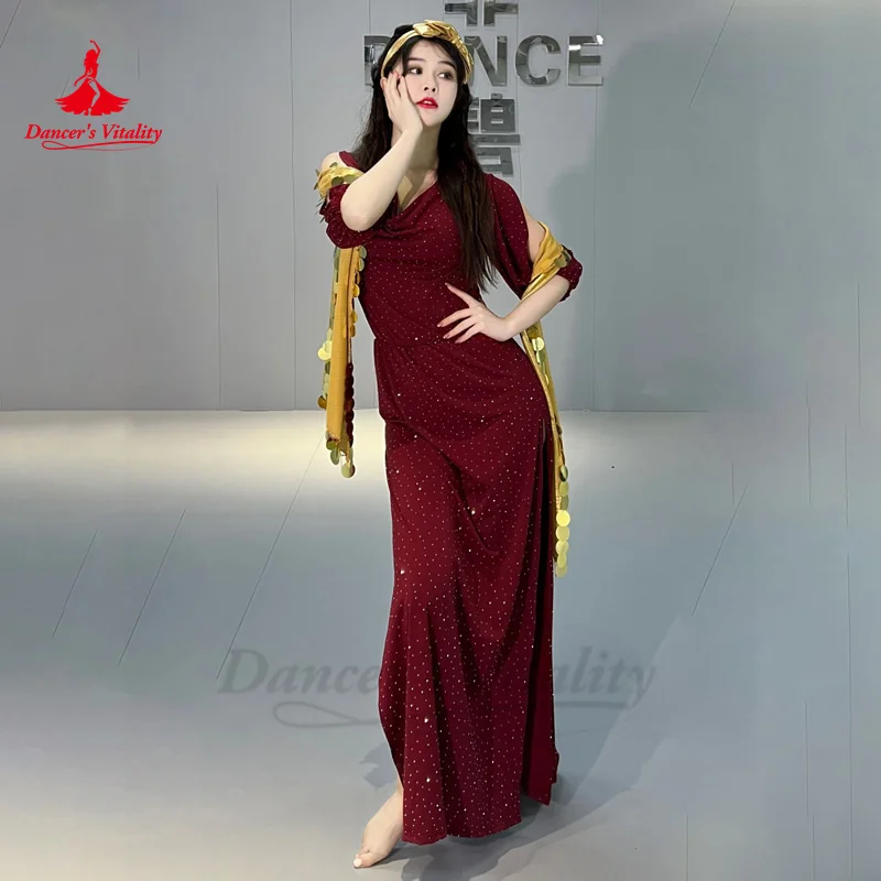 Costume da spettacolo di danza del ventre per donna mezza manica abito in cotone + copricapo + cintura 3 pezzi Shabbi Baladi Performance Robes