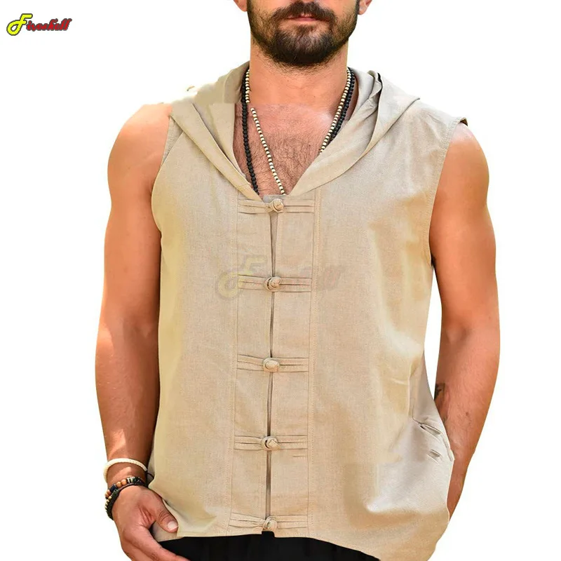 Men's Summer Casual Hooded Sleeveless T Shirts Medieval Vintage Cosplay Sleeveless Tops Baggy Button Casual Beach Vest Costumes