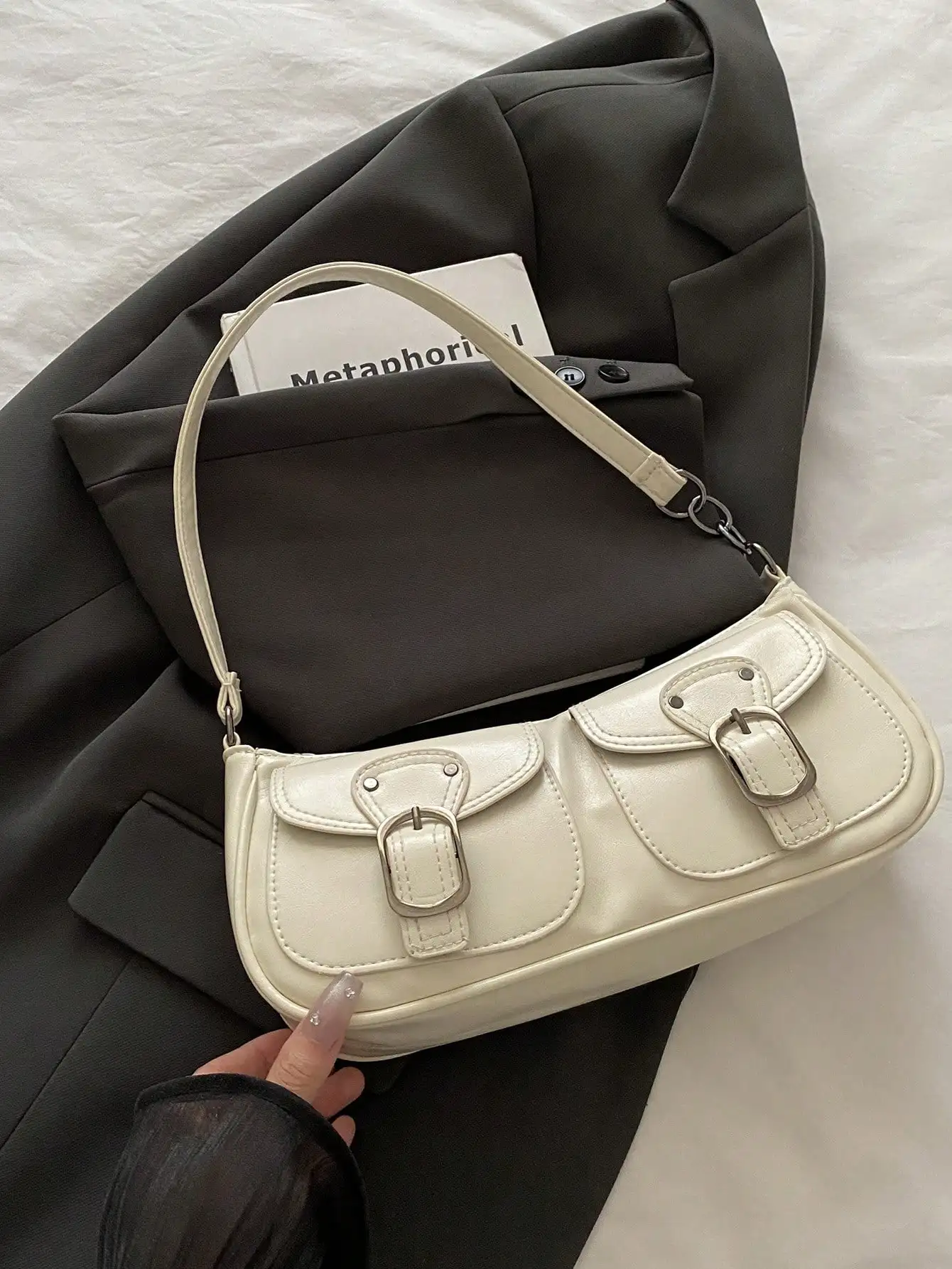 

New Fashion Double Pocket Decor Handbag Tote Shoulder Bag, Suitable For Parties, Outings, Vacations, Shopping And Daily Use, Can Store Coins, Phones, Also Suitable As A Work Bag For White-Collar, College Students And Office Workers, Elegant Bag For Ladies