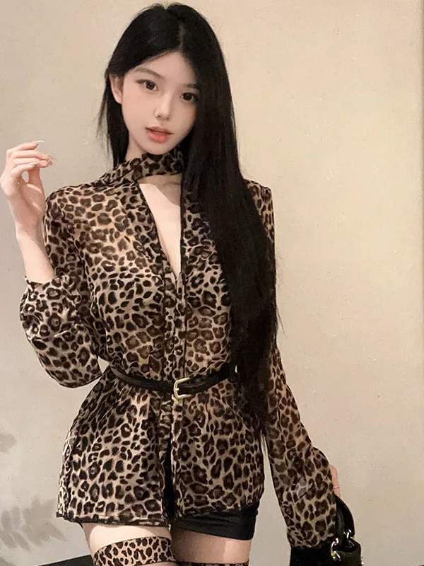 

Retro Leopard Print V-Ne Long Sve Women's Chiffon irt Waist-Cinching Midi Top Sexy Outerwear Pure Desire Sle Ciwalk