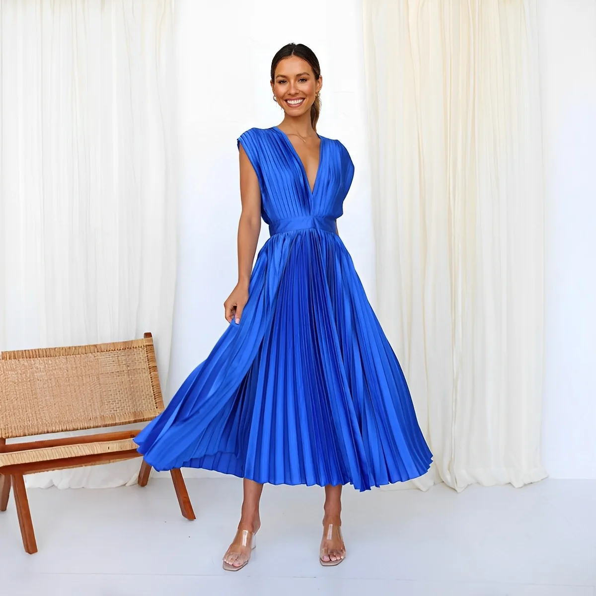 

2025 Summer Women Elegant V-neck Waist-hugging Pleated Solid Short Sleeve Party Dress Strapless Backless Patchwork Ladies Dress