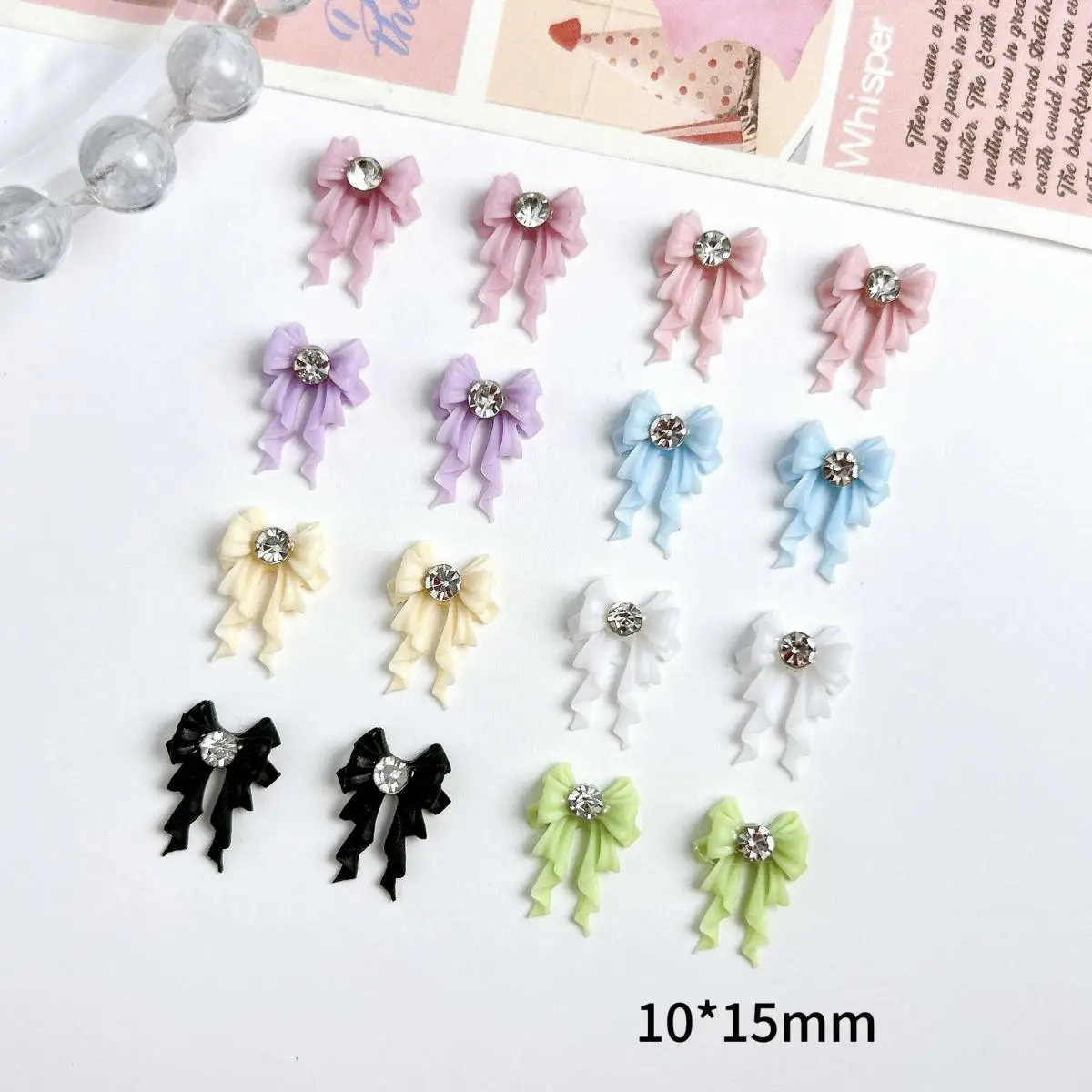 

3D Resin French Style Wavy Bow Inlaid Rhinestone Nail Charms Colorful Ribbon Bow Nail Art Decoration DIY Crafts Accessories