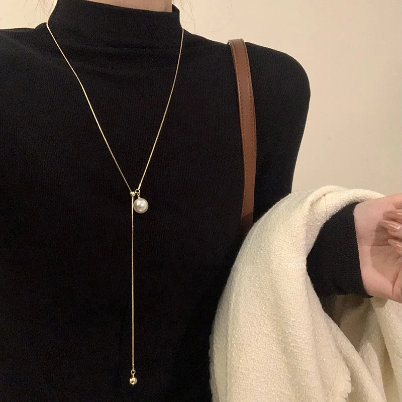 

New 925 Sterling Silver Pearl Necklace Simple Personality Women Long Pendant Choker Birthday Gift for Friends Exquisite Jewelry