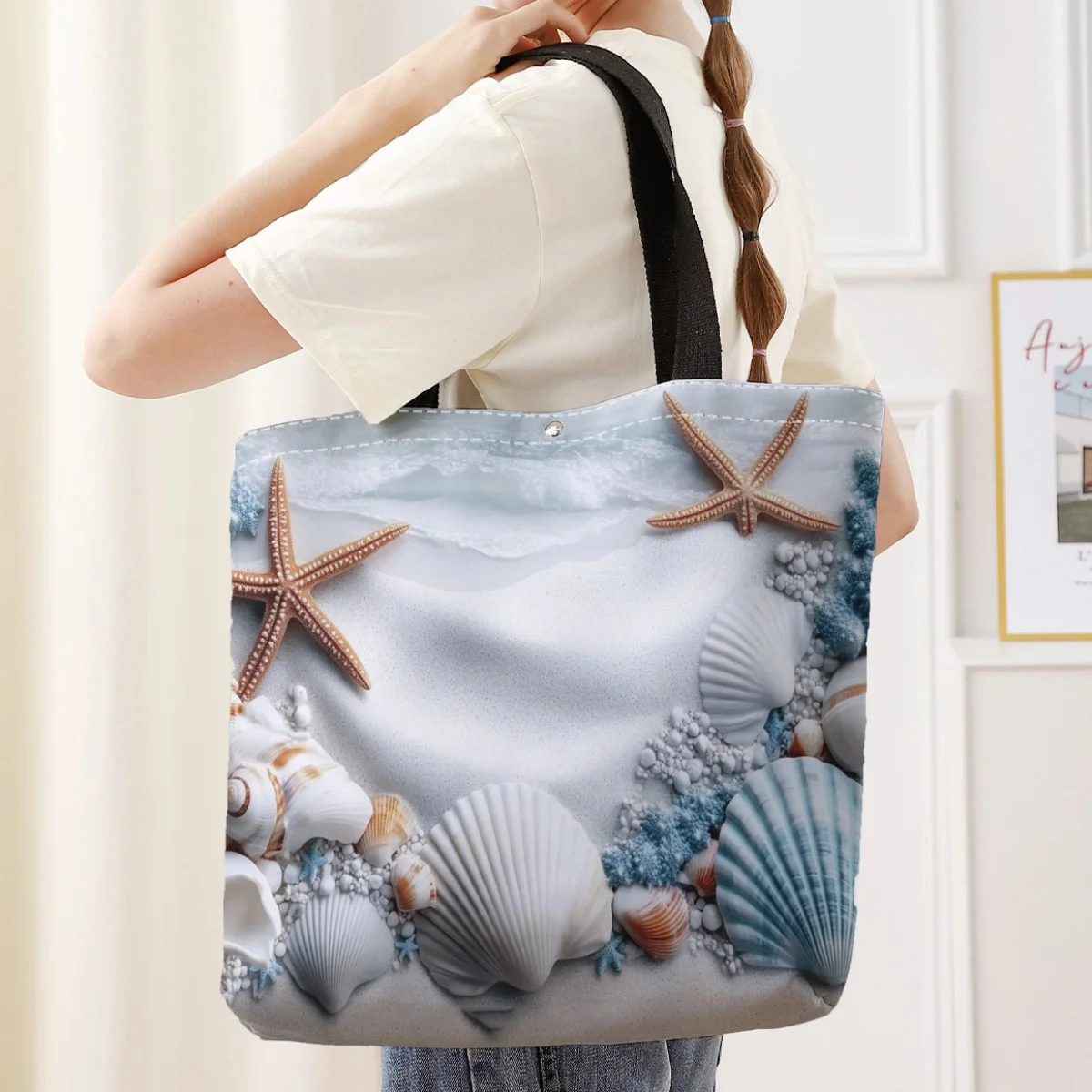 

Ocean patterned handbag, casual reusable shopping bag, lightweight canvas shoulder bag, essential for daily travel